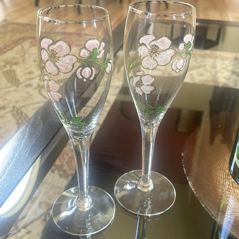 Perrier-Jouët Empty Champagne Bottle with Hand Painted Floral Glasses